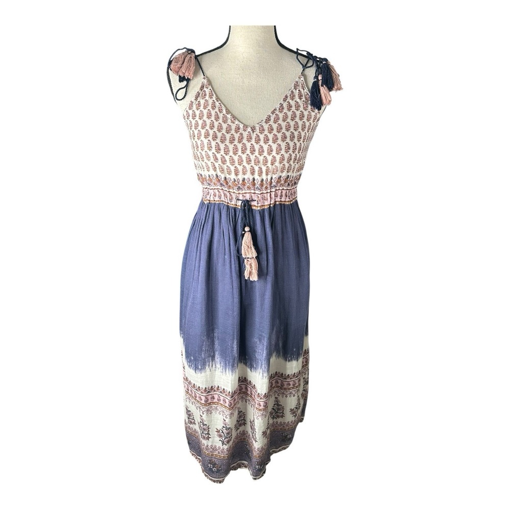 Lucky Brand Dress Women's Sz X-Small Floral Cotton Boho Sleeveless Front Tie